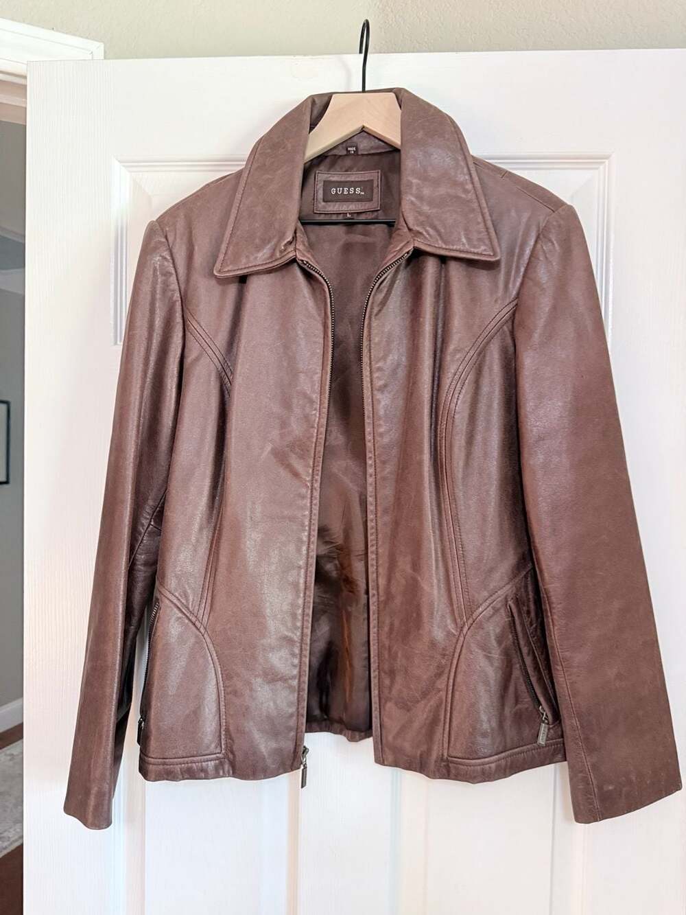 Guess Brown Genuine Leather Zip Front Jacket